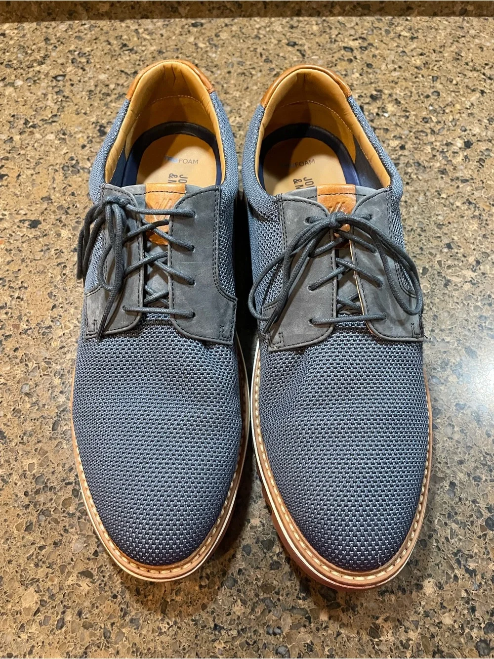 Men's Navy Knit Derby with Brown Trim — Casual Dress Shoes